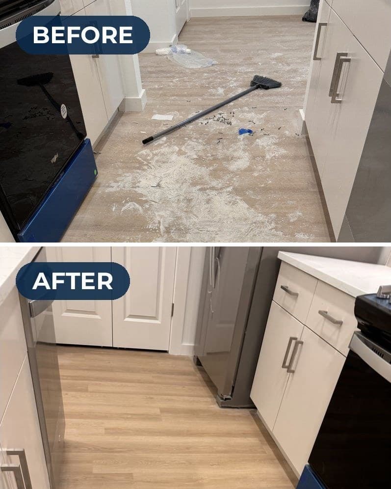 Kitchen floor before and after post-construction cleaning, drywall dust removed