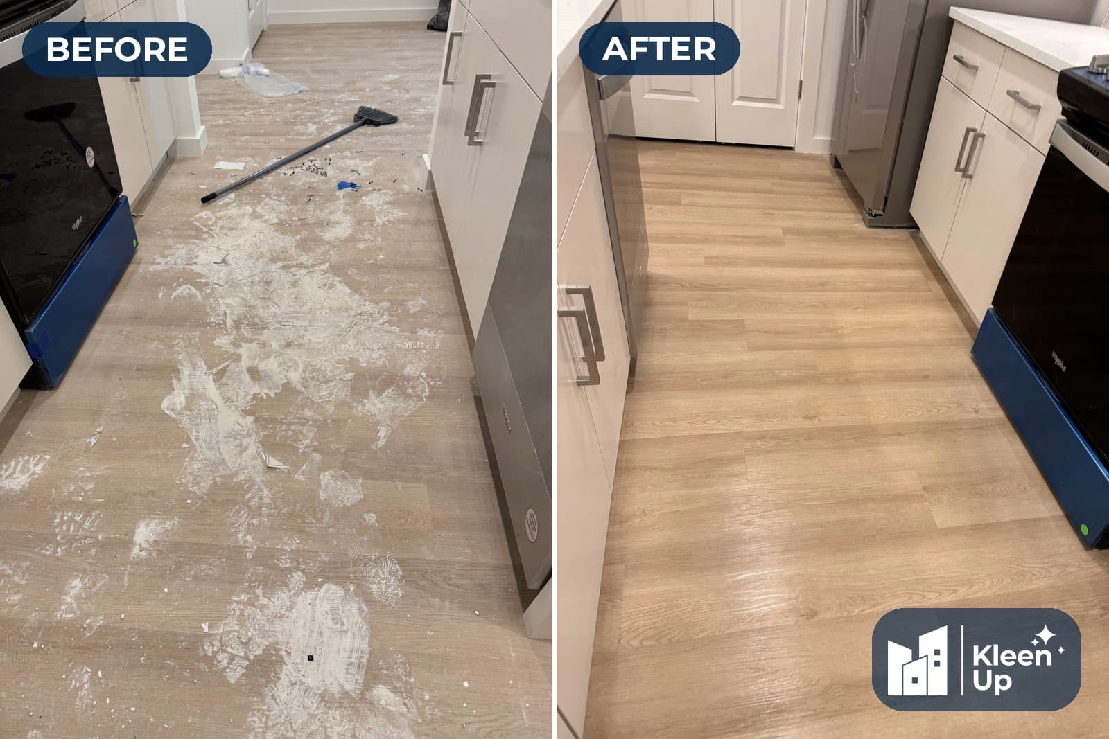 Kitchen floor before and after post-construction cleaning, drywall dust removed